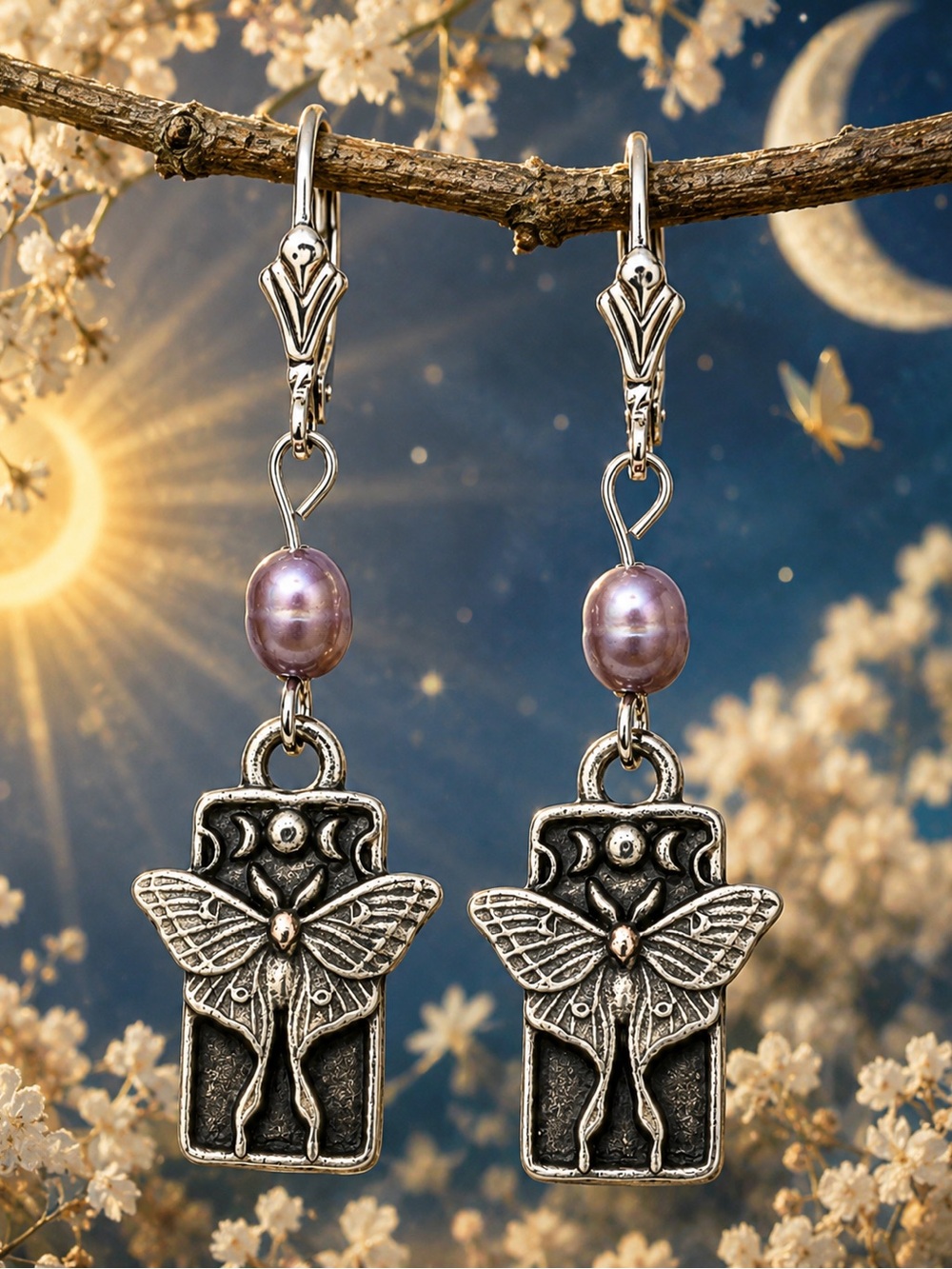 Freshwater Pearl Butterfly Earrings Sterling Silver Leverbacks
